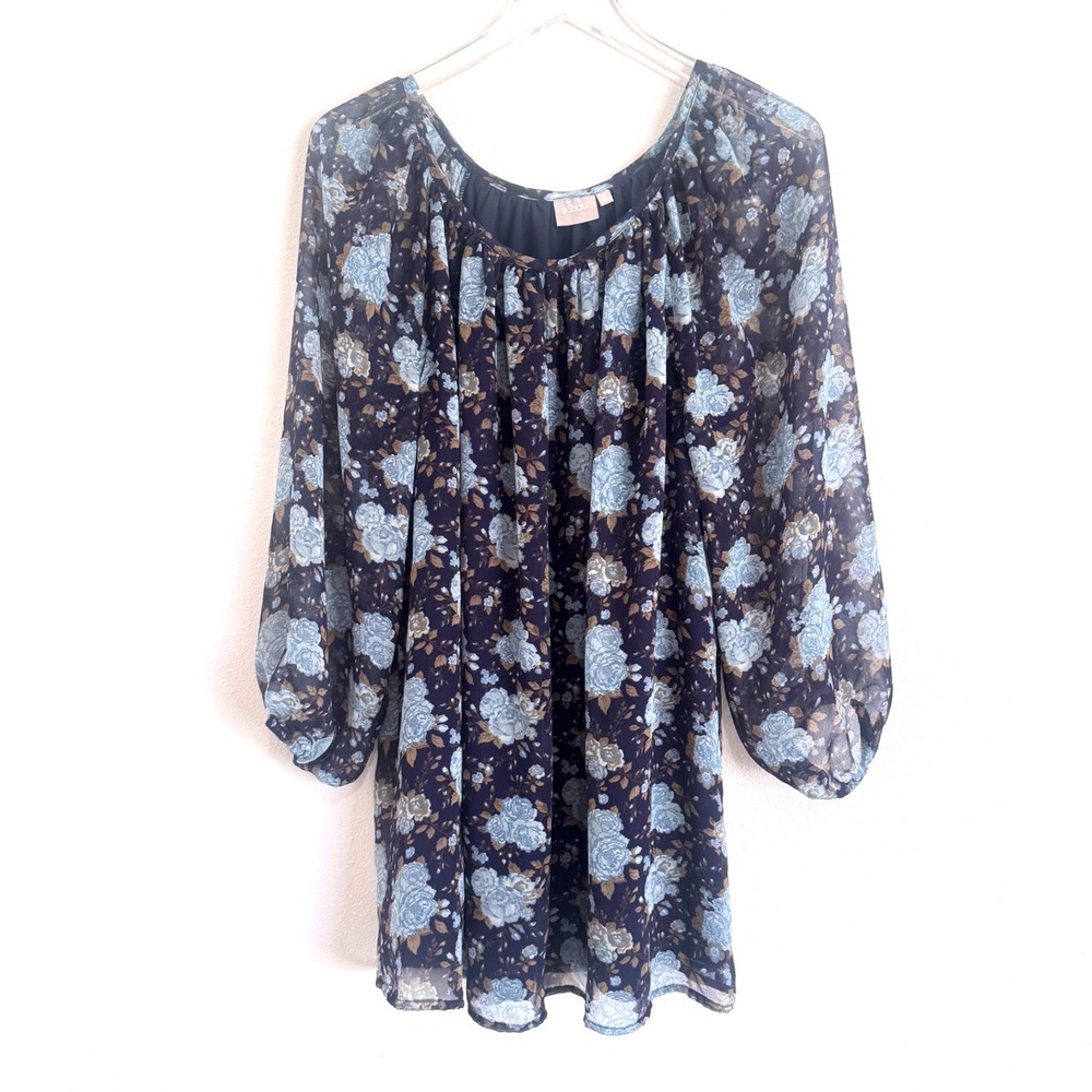eShakti Blue Floral Chiffon Blouse Sheer Balloon Sleeve Peasant Top